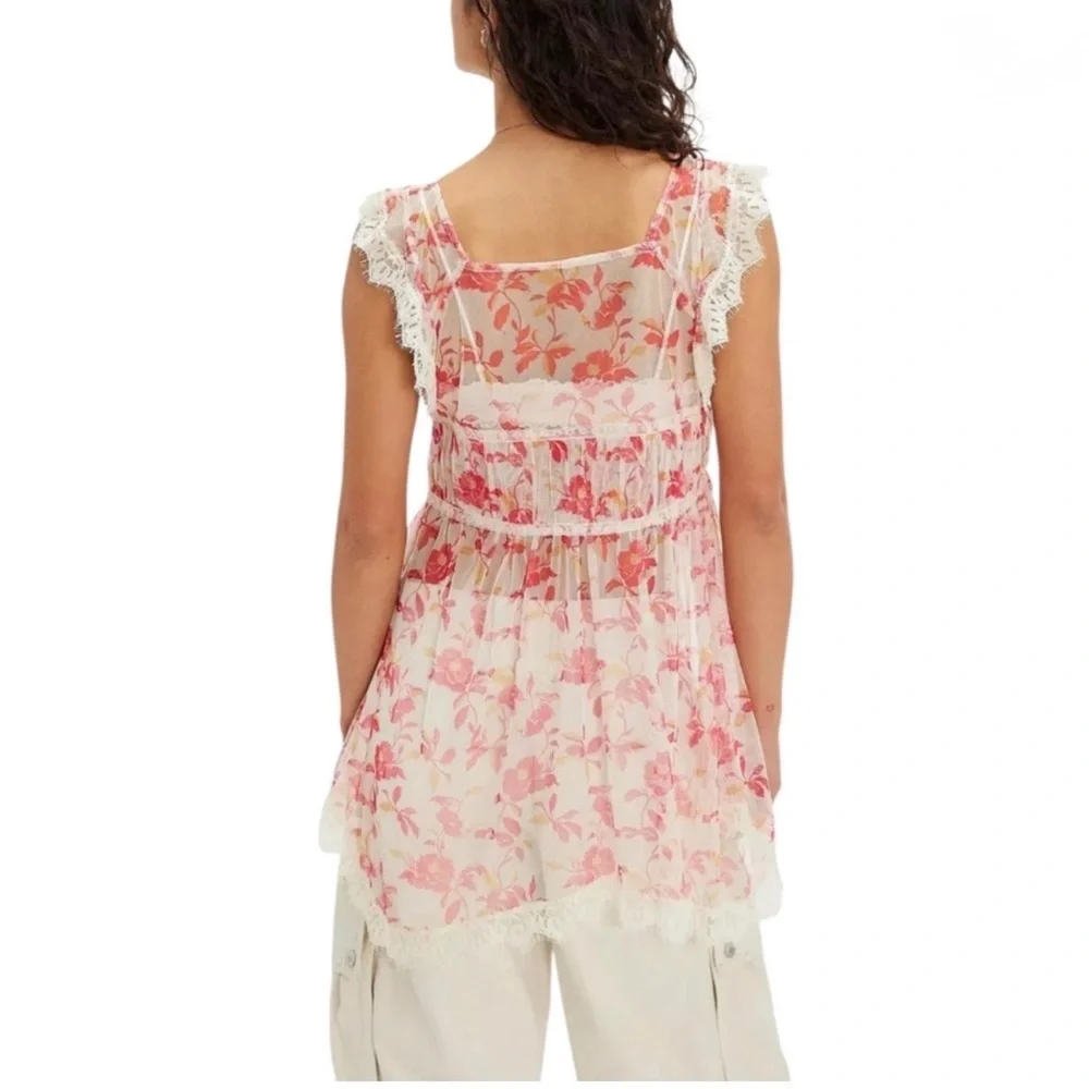 Free People Ivie Tunic Sheer Lace Ruffle Floral Pink XL NWT - Picture 5 of 5